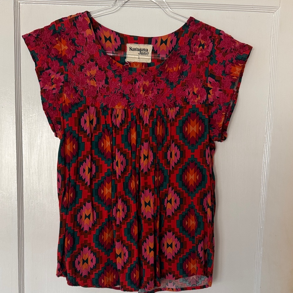 Savanna Jane Vibrant Red and Pink Patterned Blouse